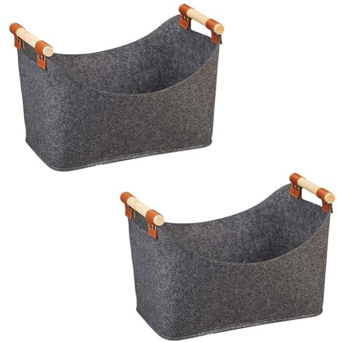Qutsvosh 2 cestas de almacenamiento de fieltro, plegables con asas de madera, caja de almacenamiento para leña de invierno, 17.7 x 12.6 x 15.7 pulgadas, fácil de usar, gris oscuro