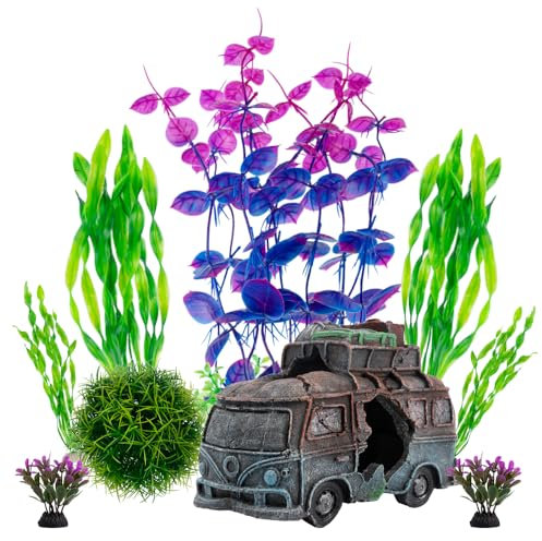 BEGONDIS Unterwasser-Autowrack mit 8 Stück Kunststoff Pflanze Set Künstliche Polyresin Aquarium Ornament Aquatische Modell Dekoration Fisch Tank Marine Decor Ornamente