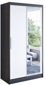 Easy4You K6 100 cm Schwarz/Weiß Schiebetüren Kleiderschrank 100x200x58 cm mit Spiegel - Schlafzimmermöbel, Aufbewahrung - Mehrzweckschrank