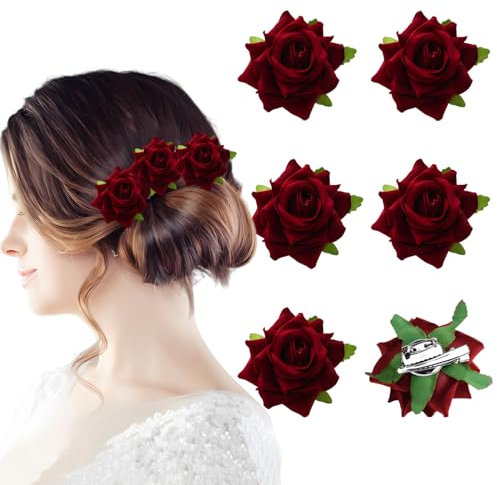 Lot de 6 pinces à cheveux en forme de rose bordeaux pour femme, fête de mariage, Saint-Valentin