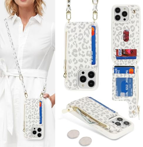 SailorTech Handyhülle für iPhone 15 Pro Etui mit Kartenfach, iPhone 15 Pro Hülle mit Verstellbarer Halskette, iPhone 15 Pro Handytasche mit Reißverschluss Geldbörse - Weißer Leopard