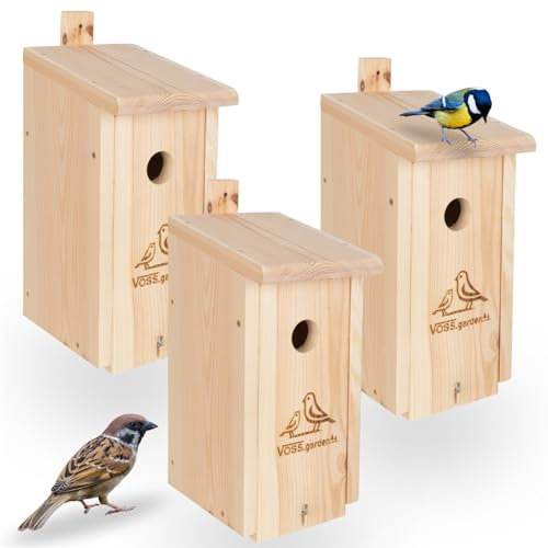 VOSS.garden 3X Nistkasten Willow, Natur, Meisenkasten, Brutplatz, Nisthöhle für Wildvögel, Ø 32mm