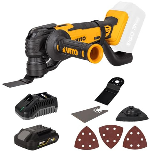 VITO - Herramienta multifunción de 20 V, batería de litio de 2 Ah, 6 velocidades variables, lijadora de corte y rascador de aserra, 11 accesorios + cargador