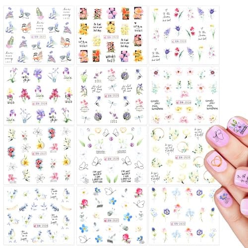 12 Sheets Flower Nail Stickers, Spring Summer Nail Stickers Flower Butterfly Dragonfly Floral Colorful Nail Design Stickers Manicure Transfer Accessories for Women Girls Nail Decoration