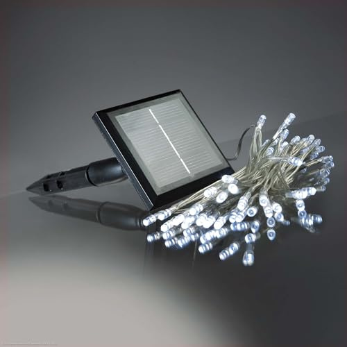 hellum Solar Lichterkette outdoor, 50 LED kaltweiß, Timer + Blinkeffekt | LED Lichterkette außen mit Solarpanel & Erdspieß, 4,90m beleuchtet, wahlweise mit Blinkeffekt, transparentes Kabel 151206