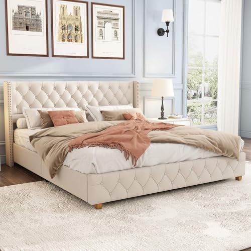 PUGSDRLY Lit Double 160x200 avec Sommier à Lattes,lit 2 Places avec Tête Capitonné,Tissu de Lin,Design Rivets,Pieds en Bois,pour Enfant Adolescent Adulte,sans Matelas,Beige