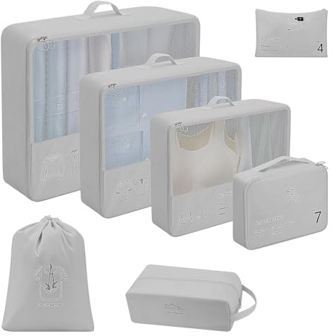 Koffer Organizer Set, 7 Stück Packing Cubes, Packwürfel für Koffer, Packing Cubes Compression als Rucksack Organizer - Travel Packtaschen Reise - Camping Zubehör & Wander Ausrüstung(Grau)