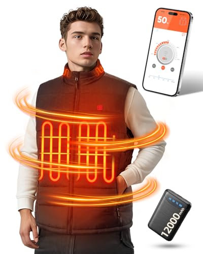POSUGEAR Gilet Riscaldato con Controllo APP per Uomo, 12V Batteria da 12000mAh, Funzione di Alimentazione Mobile, Gilet Leggero con Ampia Gamma di Riscaldamento (L, Nero)