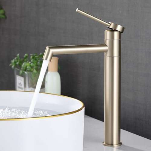 SHANFO Grifo de lavabo Dorado, Grifo Lavabo Caño Alto Monomando, Grifo de Baño Giratorio de 360°, Agua Fría y Caliente Disponible, Dorado Cepillado, 7M4OK-T