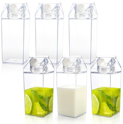 yarlung 6 Pack 25 Oz Milk Carton Water Bottle, Clear Plastic Milk Bottles Leakproof Square Water Bottles for Outdoor Sports Travel Camping