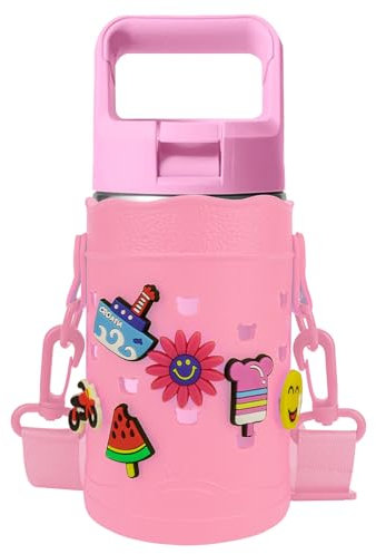 Linkidea Hard Base Water Bottle Holder Compatible with YETI Rambler Jr. 12 oz, Hydro Flask 12oz, IRON °FLASK 14oz Kids Bottles, Waterbottle Sling Carrier Bag with Adjustable Straps, Pink