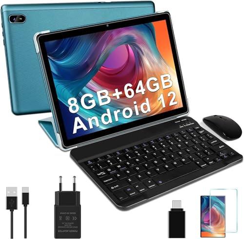 DMOAO Tablettes 10 Pouces Android 12 avec 5G WiFi, 4GB RAM(4 Go Extensible) 64 ROM 1TB Extensible, 8 cœurs 2.0 GHz, Bluetooth 5.0, 6000mAh, 2 en 1 Tablette Tactile avec Clavier et Souris et Cas, Bleu