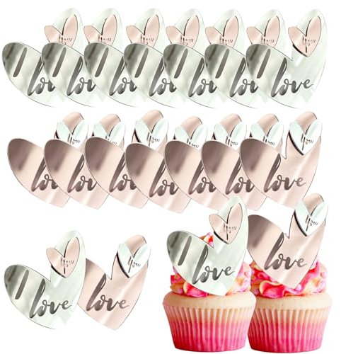 16 Pcs Valentine Day Cupcake Toppers Acrylic Love Heart Cake Topper Mirror Engraved I Love You Personalized Letter for Valentine's Day Wedding Mother's Day Cake Decorations Supplies