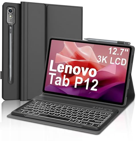 SENGBIRCH Funda con Teclado para Lenovo Tab P12 12.7, Lenovo Tab P12 Funda Teclado, Español Ñ Bluetooth Retroiluminación Inalámbrico Desmontable para Lenovo P12 Tablet 2023 12.7 TB370FU, Negro