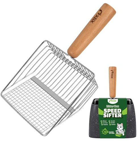 XBX Cat Litter Scoop with Holder, Heavy Duty Litter Sifter, Stainless Steel Litter Shovel, Litter Scooper with Beech Wood Grip and Washable Stand, Perfect for Cat Litter Box Cleaning