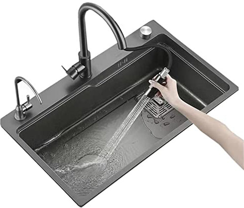 Fregadero bajo encimera, Fregadero de Cocina con Grifo extraíble, Fregadero de Acero Inoxidable Gris Oscuro de un Seno, Fregadero de Cocina de sobre y bajo encimera.