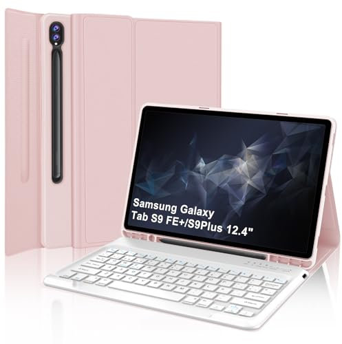 Funda Cover Teclado para Samsung Galaxy Tab S9 FE+ 12.4 2023, Teclado Español Ñ Desmontable Bluetooth y Funda de Diseño Minimalista 360° para Samsung Galaxy Tab S9 Plus 12,4 2023, Rosa Claro