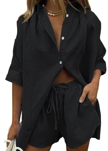 AMDOLE Co Ord Sets for Women Summer Linen Shorts and T Shirt Sets Lightweight Flowy Solid Casual Two Piece Airport Outfit Lounge Wear Set Holiday Clothes