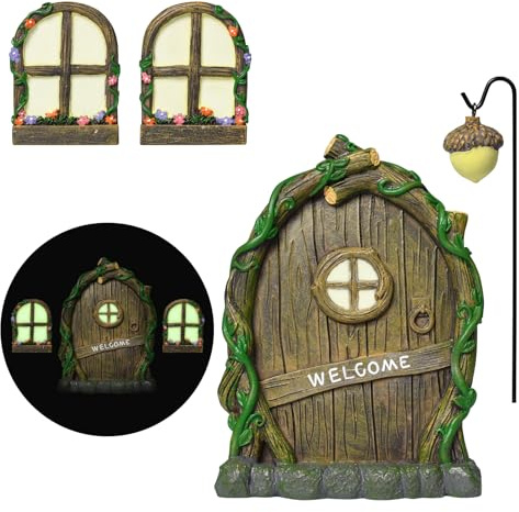 Pumwoy Feentür Wichteltür 1 Wichteltür + 2 Wichtelfenster+1 Lampe, Wichteltür Gartendeko Leuchten im Dunkeln, Feengarten Tür Miniatur Elfen-Tür Wichteltür, Miniatur Fairy GNOME Home Fenster und Tür