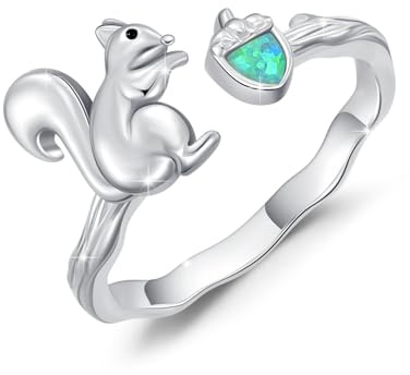 REDSUN Opal Ring 925 Sterling Silber Eichhörnchen Ring Verstellbar mit Grünem Opal Schmuck Offene Ringe Eichhörnchen Schmuck für Frauen Mädchen
