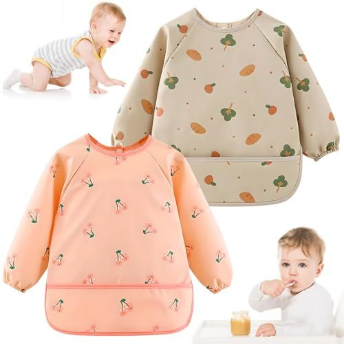 CHICHI:OÜ Baby Lätzchen mit Ärmeln, 2 Pcs ärmellätzchen, Lätzchen zum Abstillen, PU Wasserdichtes Latz Leicht zu Reinigen mit Tasche, Weiches und Hautfreundliches für Babys Kleinkinder 6-36 Monate