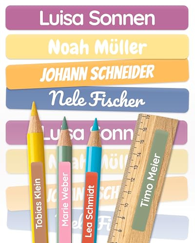melu kids® Namensaufkleber Kinder für Schule & Kita (75 Stk, Mix) | Personalisiert & Spülmaschinenfest, Aufkleber mit Namen für Stifte und Schulsachen, Klebeetiketten