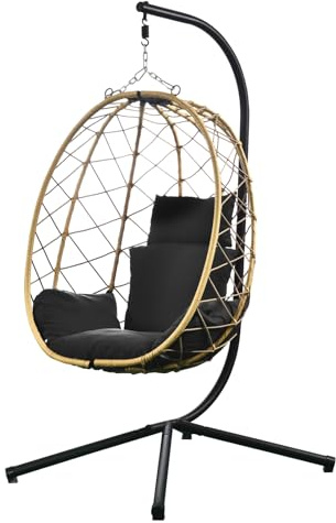 RAMROXX Luxus Hängesessel New XXL Gestell Schwarz mit Korb Natur und Kissen Dunkel Grau