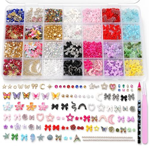 3D Nail Charms - Cute Nail Gems & Y2K Nail Rhinestones - 28 Styles Star Butterfly Bow Moon Charms Flower Pearls - Variety Nail Jewels for Women DIY Nail Art