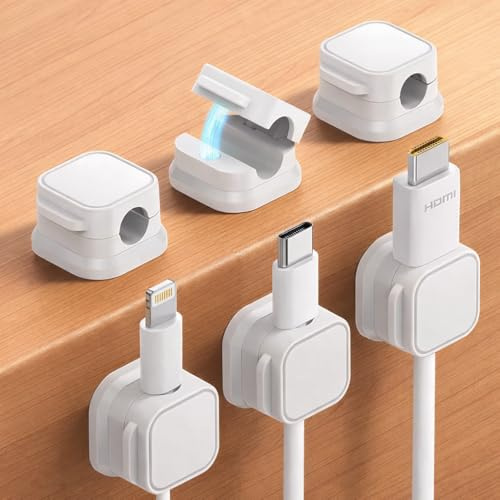6 Pack Magnetic Cable Tidy Clips – Adjustable Cord Organiser, Self Adhesive Wire Holder for Desk, Nightstand, Charging Cables, HDMI, USB & Audio, Home & Office (White)