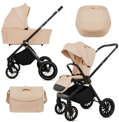 BabyLux® Kinderwagen 2in1 ROSSO, Faltbar Leicht Kombikinderwagen Set incl. Babywanne, Buggy Sportsitz, Wickeltasche und mehr Zubehör, 4 Liegepositionen, 0-22kg (0-4 Jahre), UV Schutz 50+. Belüftung