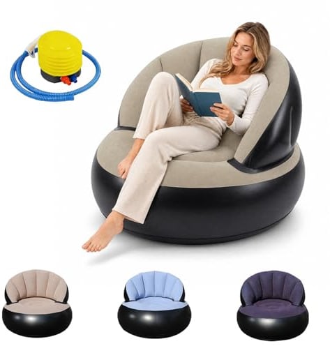 Yunlaishaocer Divano Gonfiabile con Pompa, Poltrona Gonfiabile Superficie Floccata Impermeabile Pouf Gonfiabile da Interno et Esterno per Campeggio, Viaggi, Piscina(Grigio)