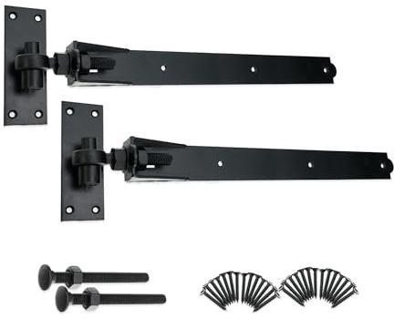 LYRA Pair of Heavy Duty Epoxy Black Iron Adjustable 24” 600mm Hook and Band Hinges Kit – Ideal for Wooden Gate, Garage, Barn, Garden Gate
