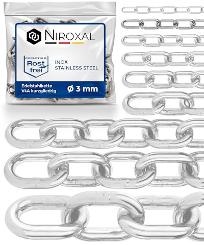 5 Stück 150cm = 1,5 meter 3mm starke Edelstahlketten Meterware V4A Gliederkette kurzgliedrig am Stück Ankerkette A4 DIN 56856 Metallkette DIN 766 rostfreie Schaukel Ketten Ablaufkette 1,5m