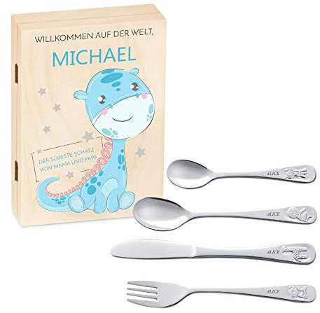 Maverton Kinderbesteck Set mit Gravur + Holzbox mit Aufdruck - aus Edelstahl - mit Tieraufdruck - 4-teilig - personalisierbar - Braun - Geschenk Geburtstag, Taufe, Geburt - der süßeste Schatz