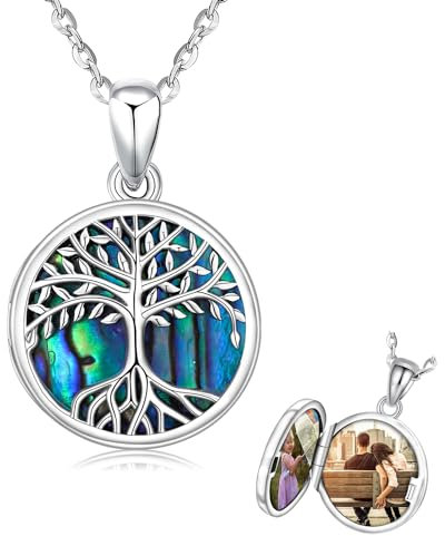 Collar de plata con medallón de árbol de la vida para mujer, colgante de concha de abulón que sostiene un collar con imagen fotográfica para hombres y mujeres, cadena de 18 , regalos de joyería