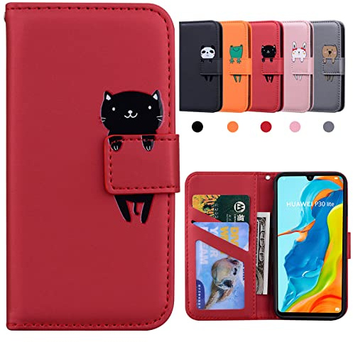 Huawei P30 Lite Custodia Flip Cartoon Portafoglio Con Kickstand e Slot per Schede - Gatto, Rosso (6.15)