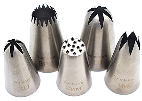 Tumtanm #9FT #1B #2D #1M #234M Seamless Stainless Steel Piping Icing Tips, 5 Pack Extra Large Piping Nozzles Cupcake Decorating Kit