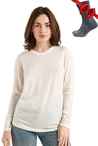 Merino.tech Merino Wool Base Layer Women 100% Merino Wool Lightweight Long Sleeve Thermal Shirts + Wool Socks (Large, 165 Snow White)