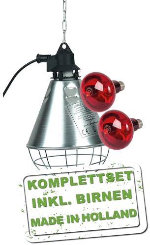 Rotlicht Wärmelampe, Set mit 2 Infrarot Birnen 60 W & 100 W, Schutzkorb mit 2,5 m Kabellänge & 2 m Kette. Wärmelampe für Hühner Küken Alternative zu Wärmeplatten. Hühner Zubehör Rotlichtlampen Set