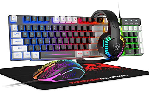 Tastiera e mouse retroilluminati a LED arcobaleno con cavo, cuffie over-ear con microfono, mouse e pad da gioco, per PC, Xbox e PS4 (nero/bianco)