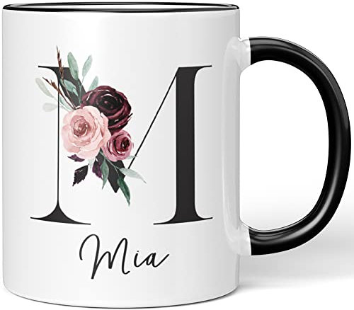 JUNIWORDS Tasse, Mia, Name Anfangsbuchstabe Initial Alphabet Floral Buchstabe M Monogramm Motiv, Schwarz (5588838)