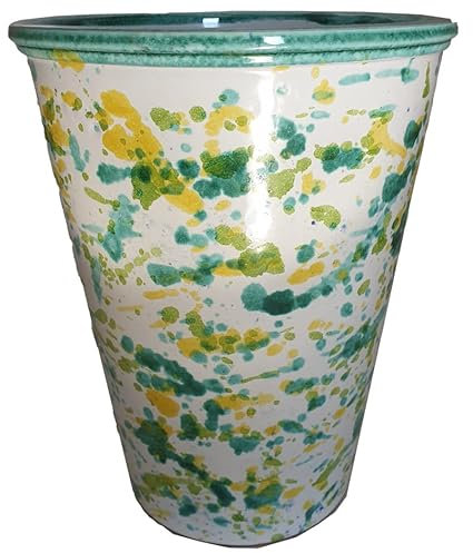 Ceramiche Angela Rinaldi – Vaso in Ceramica di Vietri dipinto a mano Maiolica Design Fioriera Terracotta Giardino Cachepot (Altezza cm 22 diametro cm 18 kg 1, bordo verde scuro)
