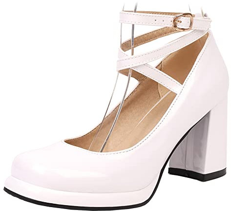 Damen Blockieren Ferse Mary Jane Schuhe, Höhe Ferse Pumpe Runde Zehen Schnalle Kleid Pumps mit Plateau Criss Cross Strap Mode Jpxhdp Weiß Gr 42 EU