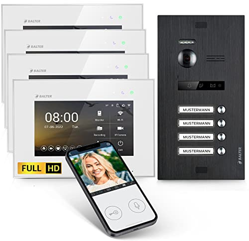 Balter EVO-HD Video Türsprechanlage, Video Türklingel mit Kamera, 4 familienhaus Klingel, Smartphone App, 7 Zoll HD Monitor, Full HD-Kamera, 2 Draht Bus, Gegensprechanlage mit 175° Weitwinkel Schwarz