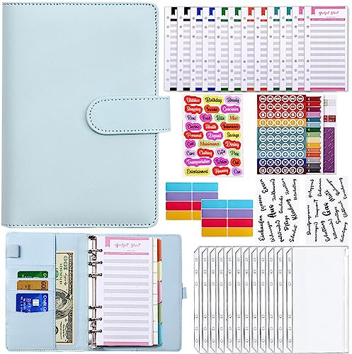 Meekye Budget Planner A6 Binder Deutsch oder Englisch, Geld Organizer Budget Planer mit 12 Binder Taschen, 12 Budgetblätter Deutsch, Geldumschläge für Reisen Tagebuch und Geschenk Blau