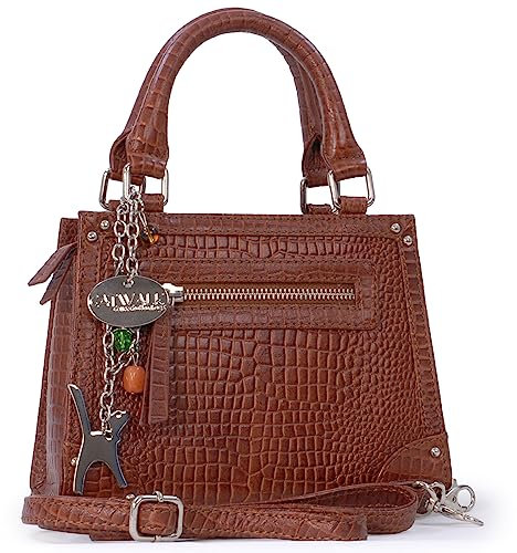 Catwalk Collection Handbags - Damen Umhängetasche Klein - Henkeltasche/Abendtasche - Krokoprägung Leder - Abnehmbarer Schultergurt - Raven - Braun