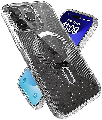 Speck Schutzhülle für iPhone 15 Pro Max – ClickLock-Anti-Rutsch-Interlock, gebaut für MagSafe, Fallschutzgriff, Anti-Vergilbung, 17,5 cm (6,7 Zoll), Presidio Lux Grip, klar/Platin-Glitzer