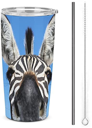 FJAUOQ Portrait of Zebra - Vaso de acero inoxidable de 20 onzas, a prueba de fugas, taza de café de viaje con tapa, popote y cepillo para pajilla, botella de agua de doble pared