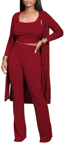 WUSENST 3-teiliges Damen-Outfits, gerippter Strick, lange Strickjacke, bauchfreies Tanktop, weites Bein, Palazzo-Hose, Lounge-Sets, 9459-Rot, M