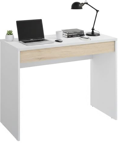 Dmora - Schreibtisch Forato, platzsparender Mehrzweck-Büroschreibtisch, linearer Arbeitstisch mit 1 Schublade, 90 x 50 x 74 cm, Weiß und Eiche